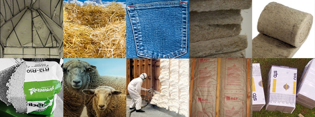 Olika typer av isoleringsmaterial, inklusive mineralullsskivor och cellulosafiber.